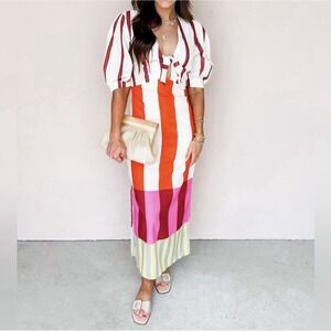 Sunday Up Small Color Block Stripe Maxi Dress Cover Up Front Tie Semi Sheer Slit